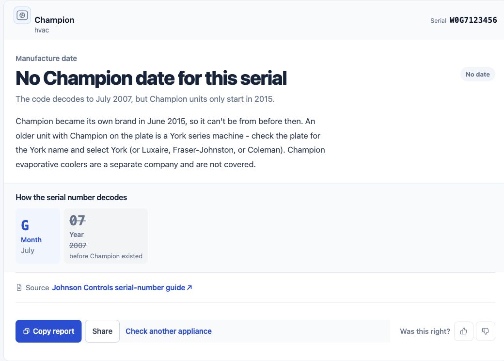 Champion result showing no date because the serial predates the brand