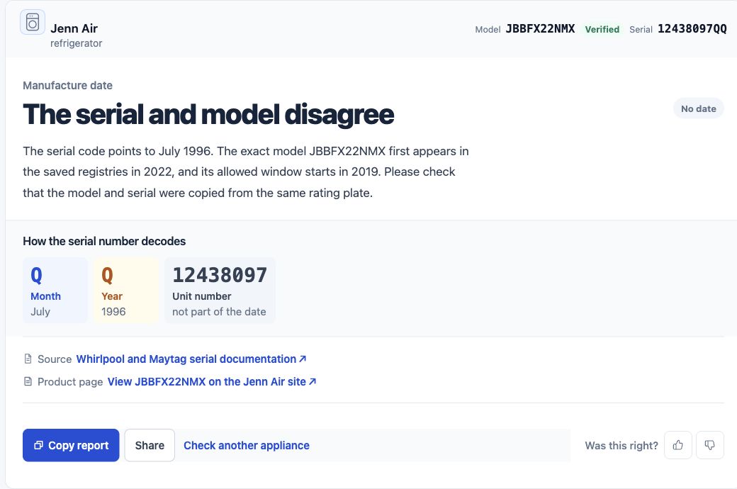 JennAir result warning that the serial and model disagree