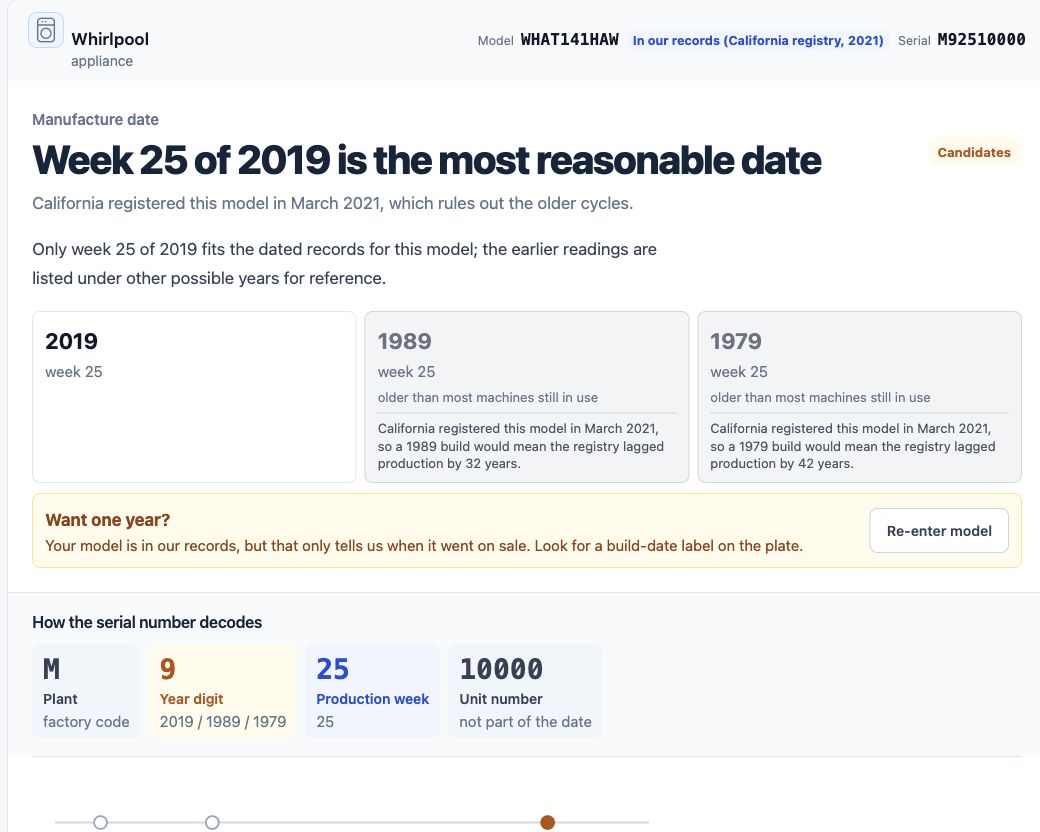 Whirlpool result showing 2019 as the most reasonable candidate